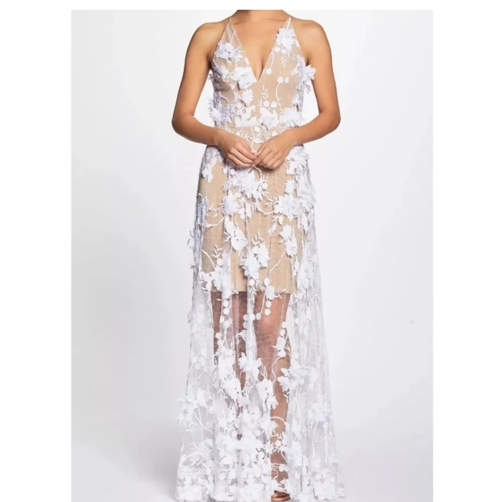 Dress the Population Sidney Sheer Lace Gown White/Nude S - Picture 1 of 5